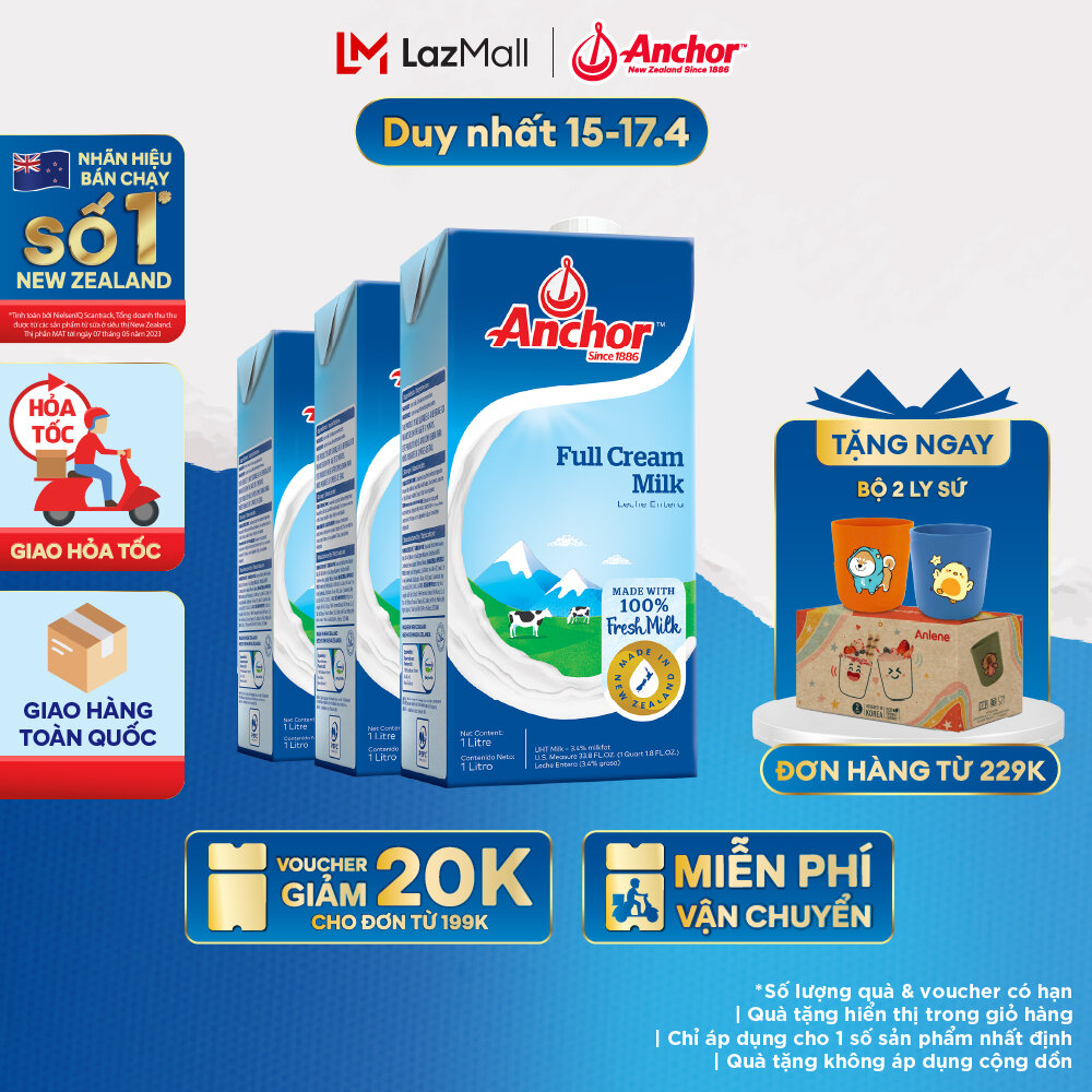 [GIAO HÀNG HỎA TỐC - HCM] Combo 3 Sữa Tươi Tiệt Trùng Anchor Nguyên Kem Hộp 1 Lít