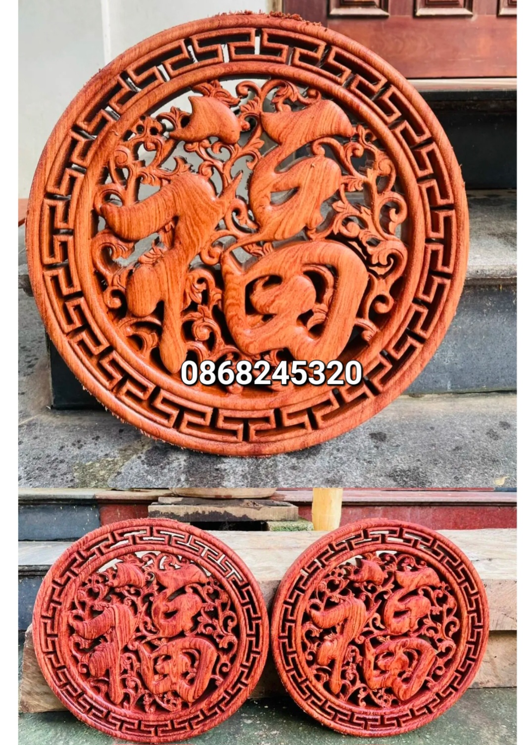 Tranh Mặt tròn điêu khắc chữ phúc bằng gỗ hương đá đẹp long lanh kt tròn 40×4cm