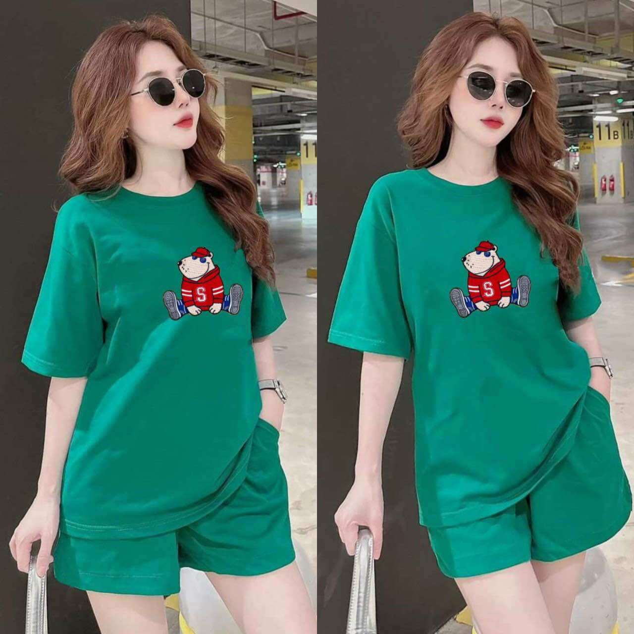 Bộ short thun cotton áo thêu gấu