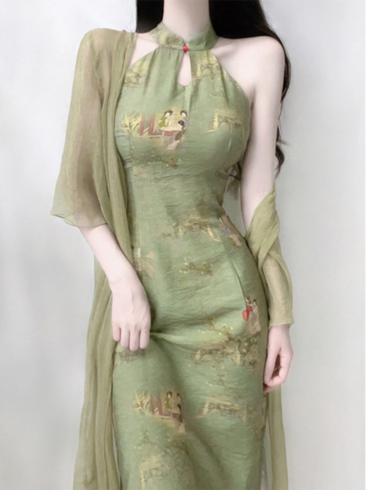 Bộ Đồ Hai Mảnh Phong Cách Trung Hoa Cổ Điển Mùa Hè Cho Nữ, Váy Cổ Treo, Váy Dài Không Tay, Vải Polyester 100%, Thường Ngày
