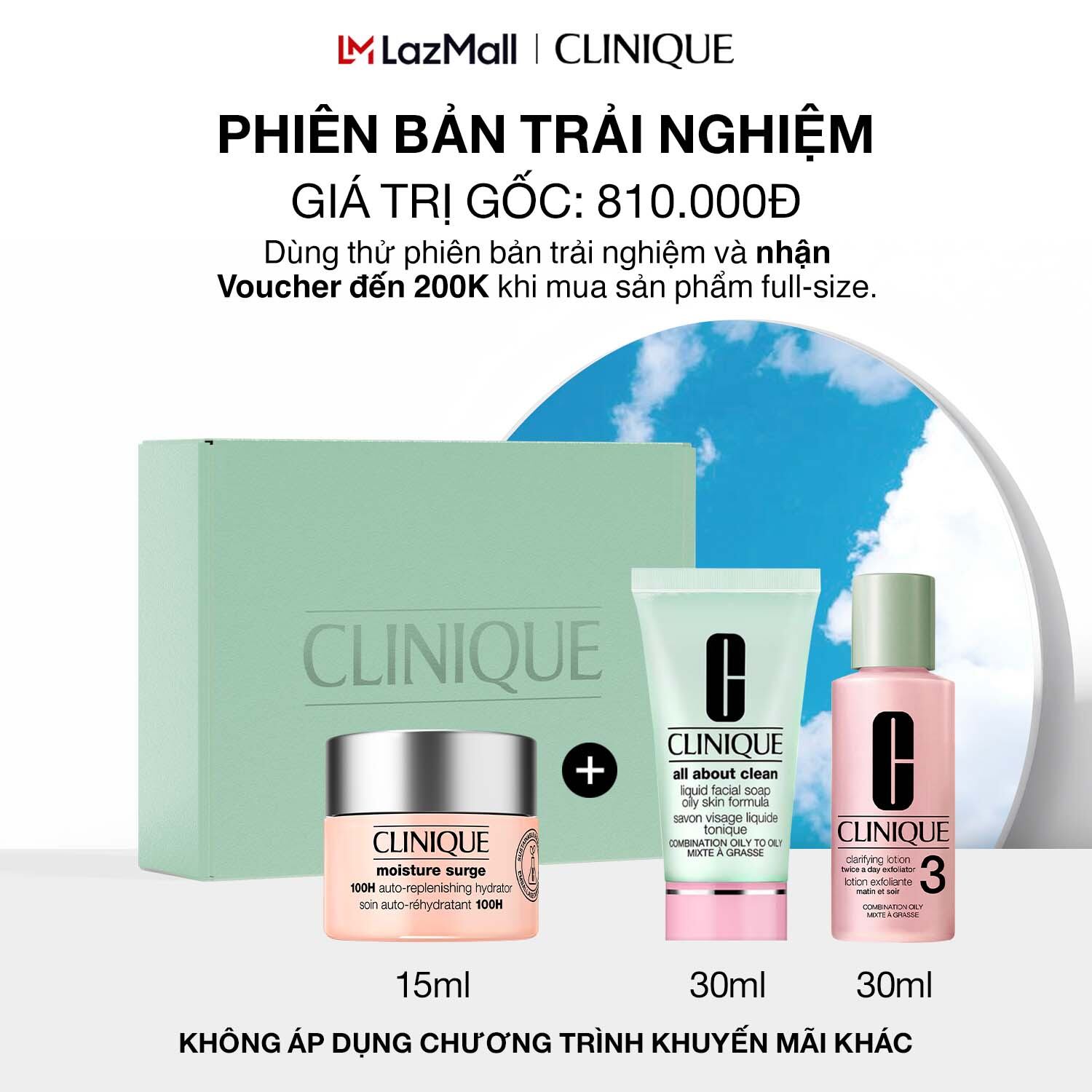 [Trial set] Clinique set 3pcs: Clinique Moisture Surge 100H Auto-Replenishing Hydrator - Moisturizer 15ml, Cleasing 30ml, Clarifying Lotion 30ml