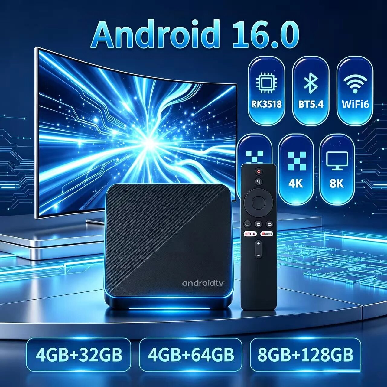 Hộp Giải Mã Truyền Hình Thông Minh Android 16 T8 8GB 128GB, Giao Diện Kép, WiFi 6 Kép, RK3518, BT 5.4, Điều Khiển Bằng Giọng Nói, HDR 4K 8K, Đầu Phát Đa Phương Tiện
