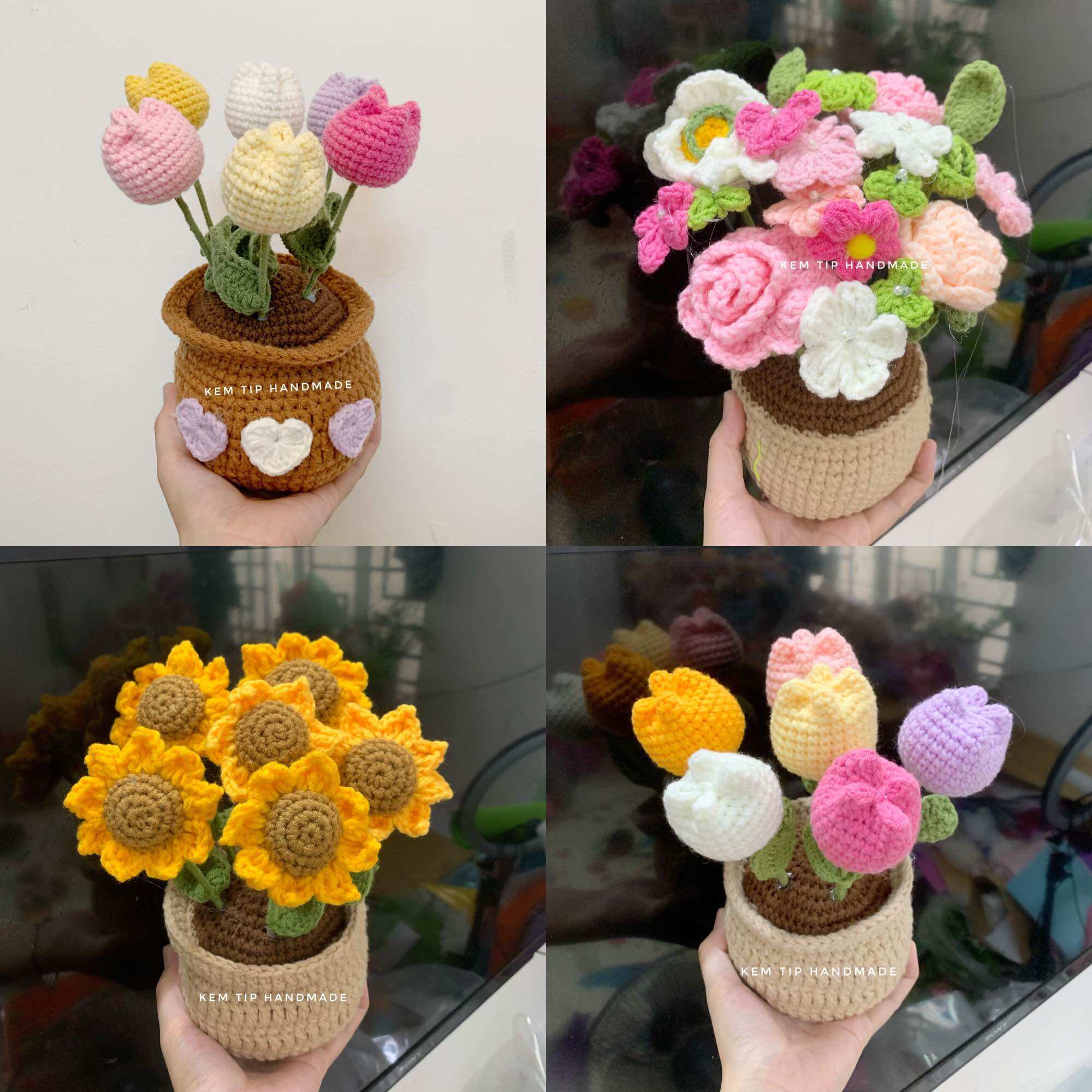 Chậu hoa lớn dâu tây, tulip, hướng dương, cúc bằng len