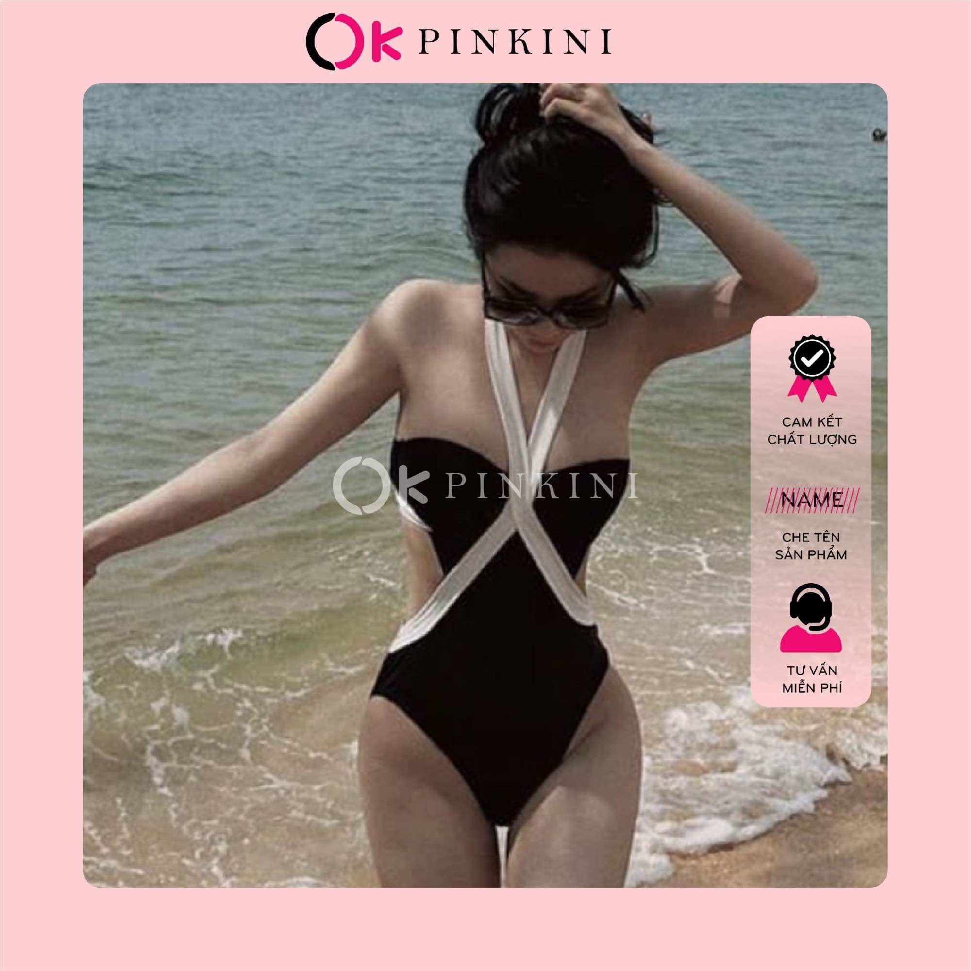 Bikini 1 Mảnh Áo Gọng Khoét Eo Viền Trắng (Ảnh Thật)