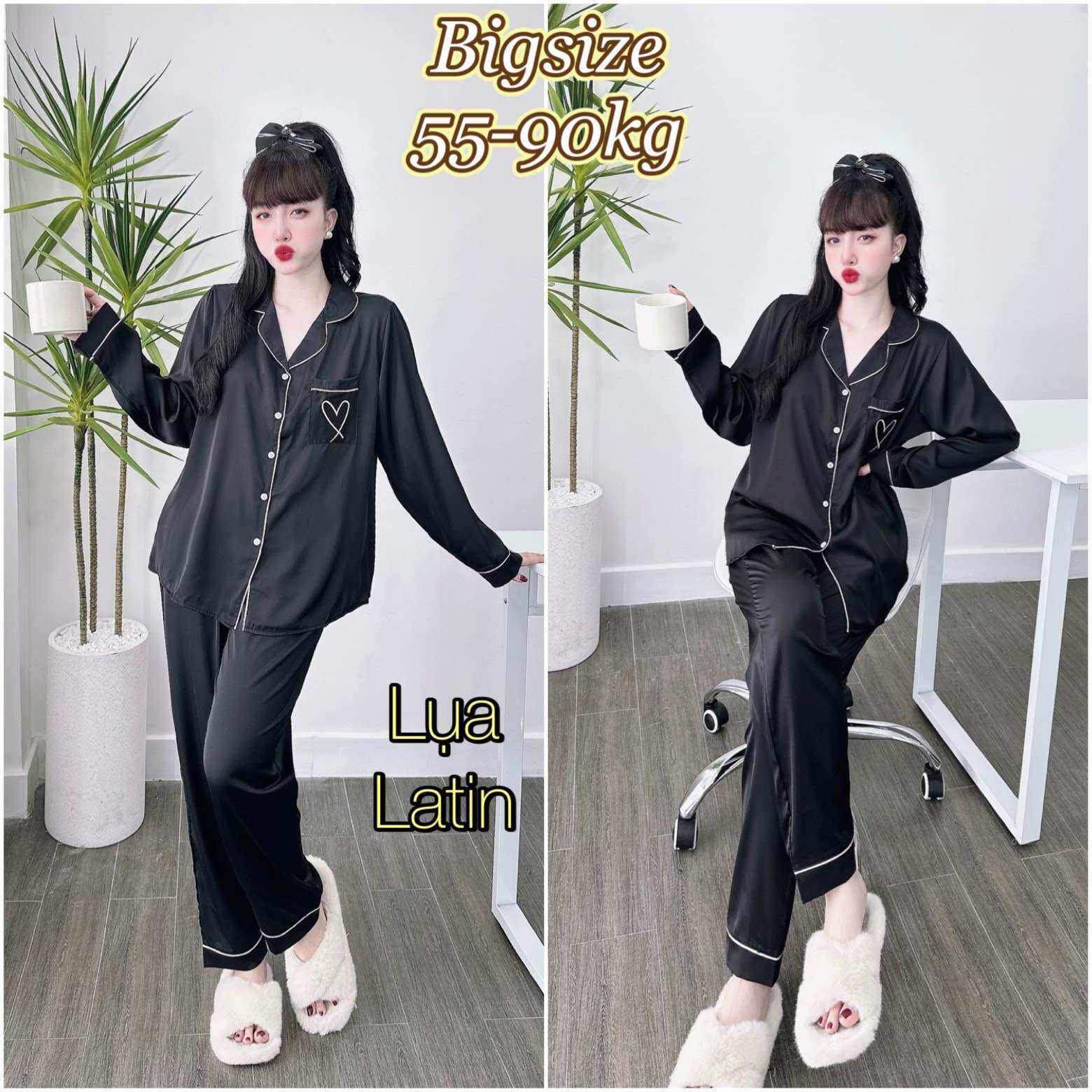 Bigsize 55-90kg đồ bộ lụa latin túi thêu - tay dài quần dài