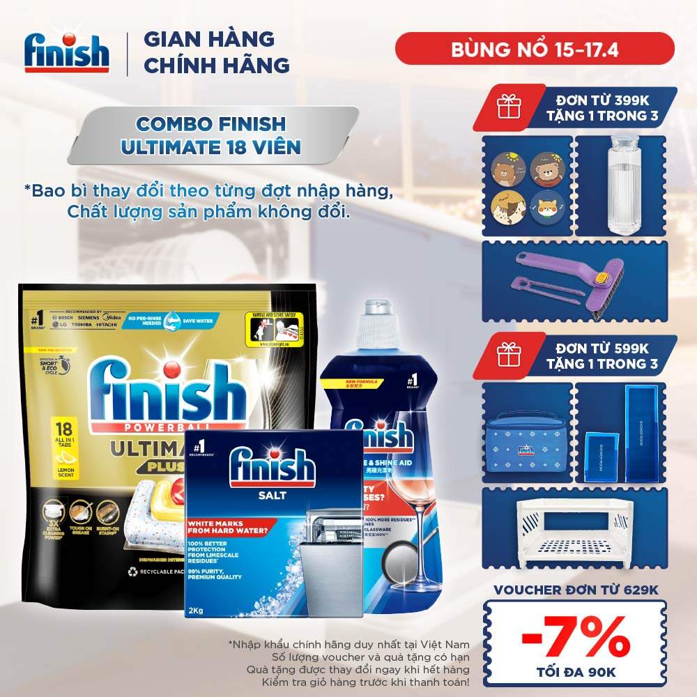 Combo Viên Rửa Chén Bát Finish Powerball Ultimate Plus Intensive Lemon Sparkle 18 Viên + Nước làm bóng Finish 500ml + Muối rửa chén 2kg