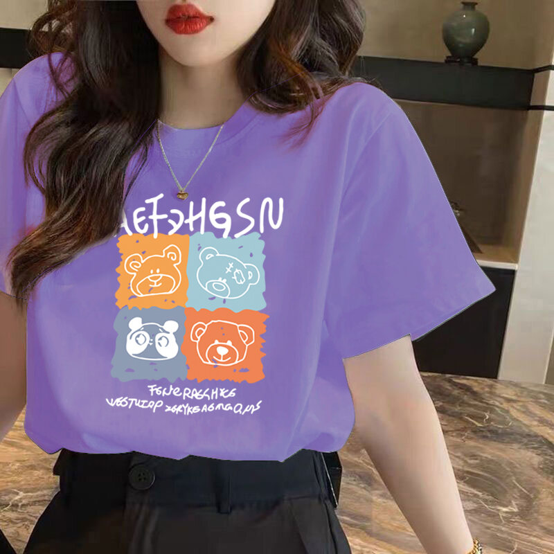 Mùa Hè 2023 Nữ Áo Thun Ngắn Tay Rộng Rãi Fit In Hình Trắng Phong Cách Cơ Bản Thoải Mái Cổ Tròn Áo Polyester Spandex Pha Trộn