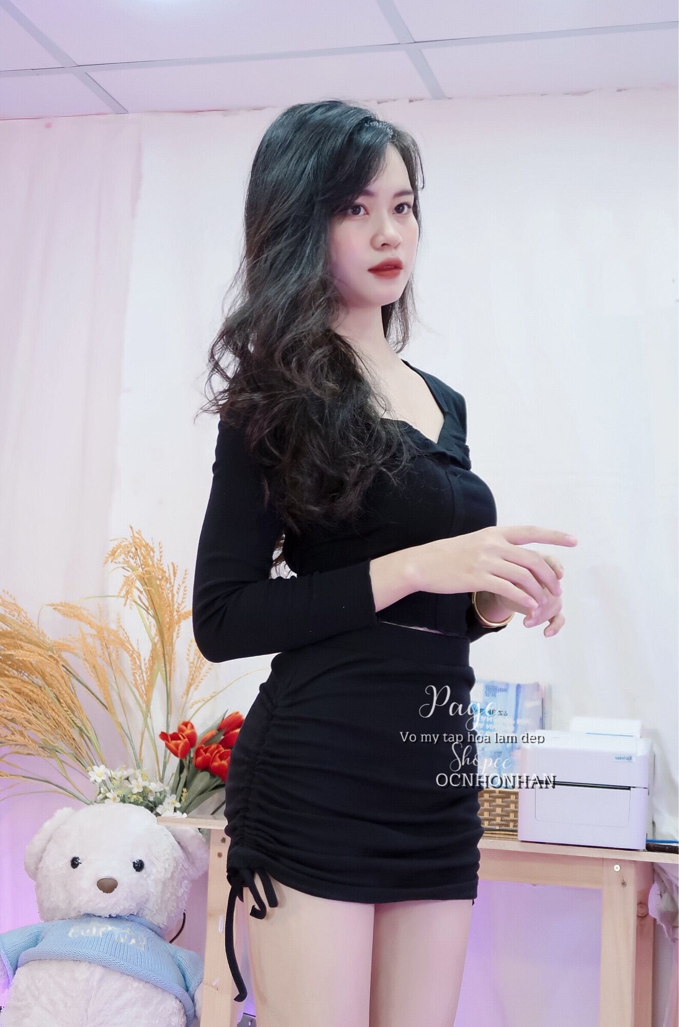 Set áo tay dài nút phối chân váy rút dây