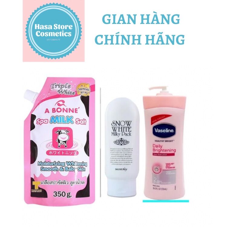 Combo Dưỡng thể vaseline + kem dưỡng snow white secret key + muối tẩy tế bào chết a bonne