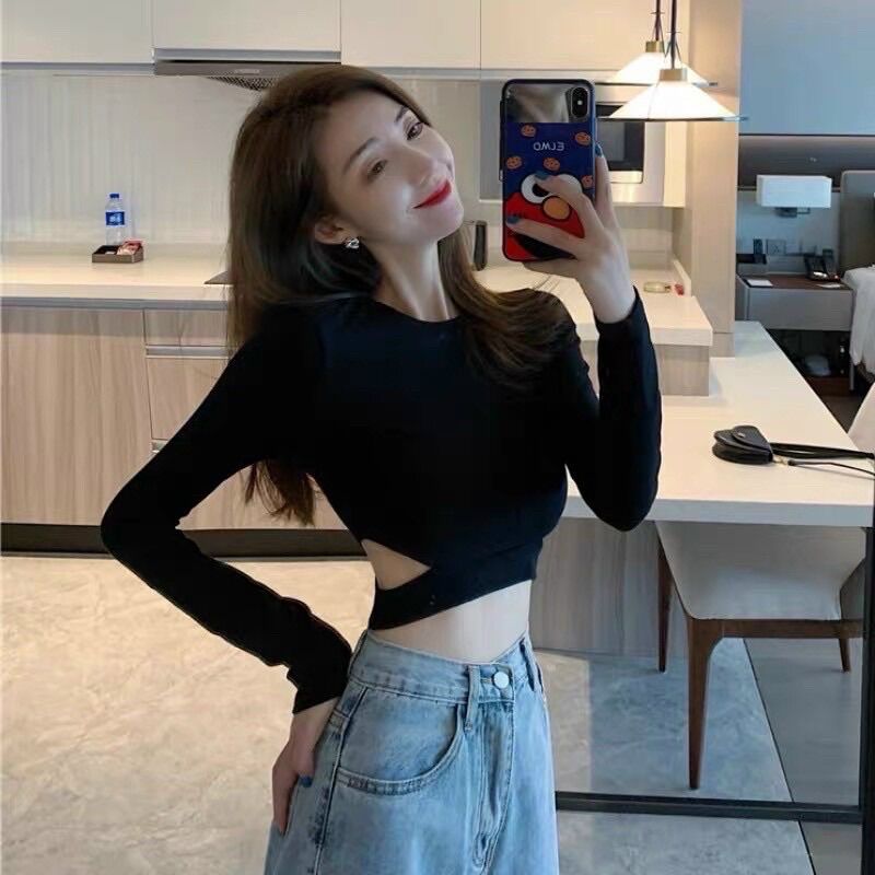 Áo croptop khoét eo tay dài thun borip