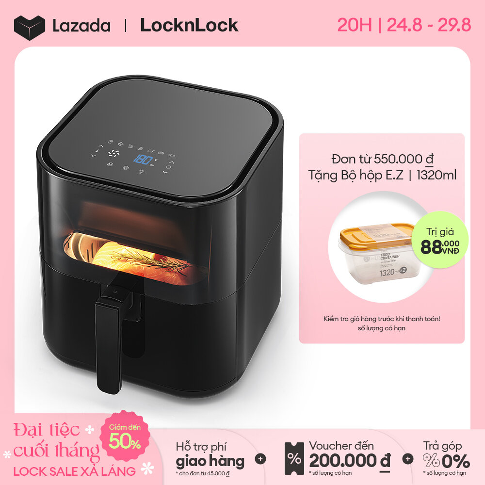Ejf996blk - nồi chiên không dầu lock&lock 5.5l - cửa trong suốt, cảm ứng, 7 chế độ nấu - giỏ chiên chống dính tháo rời - hàng chính hãng