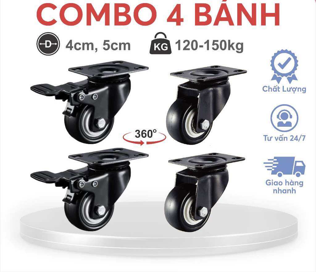 Combo 4 Bánh Xe Đẩy Hàng Chất Liệu PVC Quay 360° 4cm và 5cm Tải Trọng 120-150kg/4 bánh - FUJIO STORE