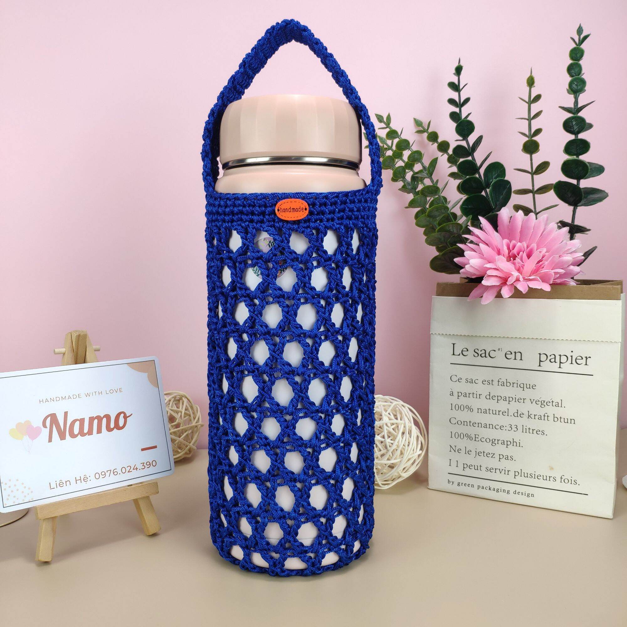 Túi để bình giữ nhiệt 1500ml,handmade, màu xanh, sợi dù