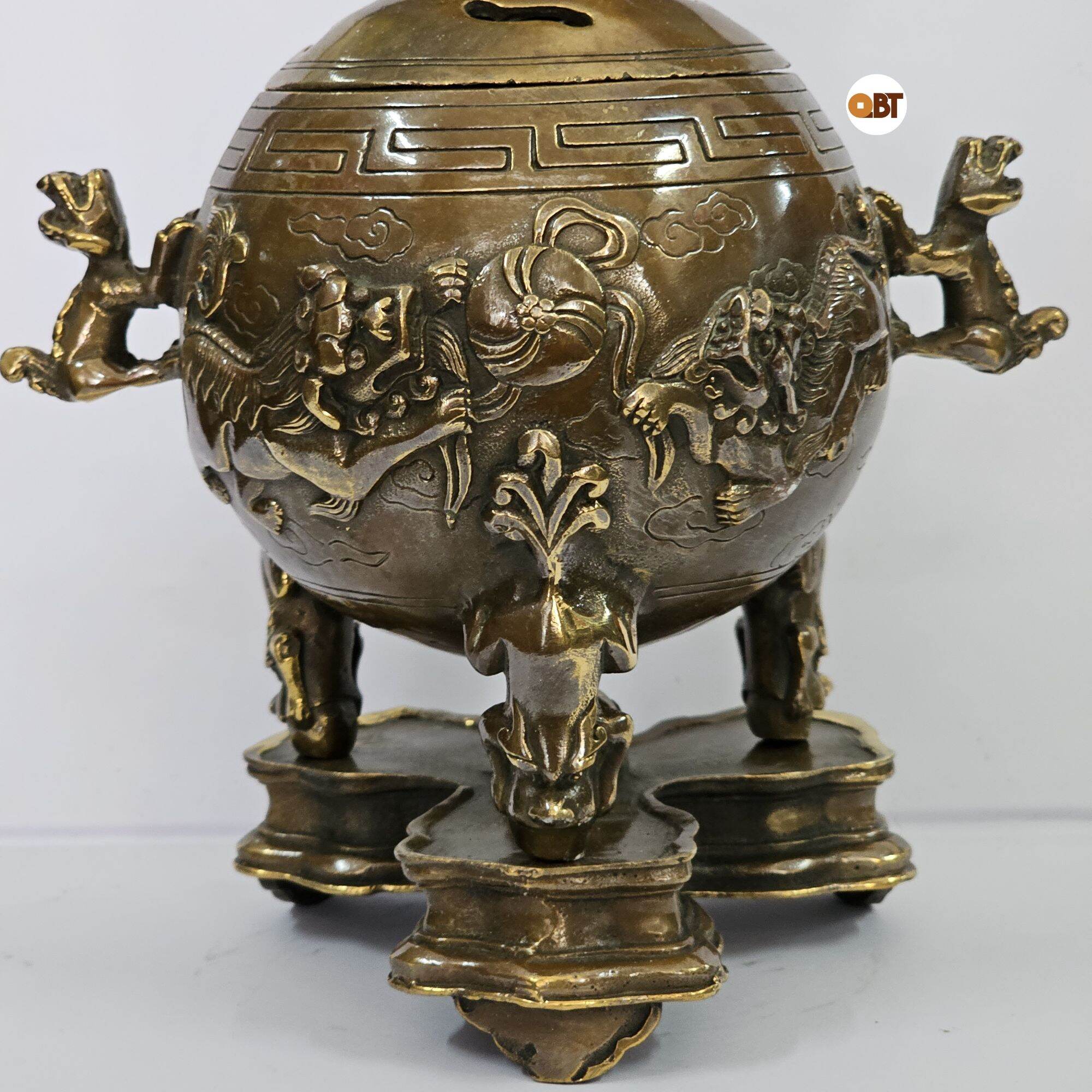 Xông trầm - lư nghê tròn bằng đồng