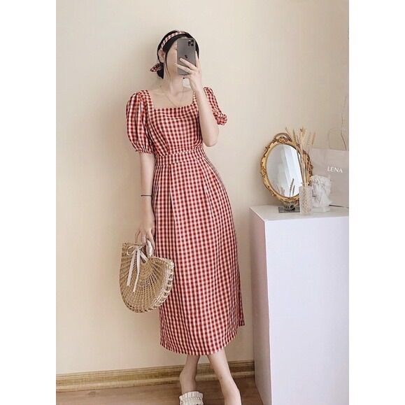Đầm caro đỏ dáng dài dịu dàng CR99