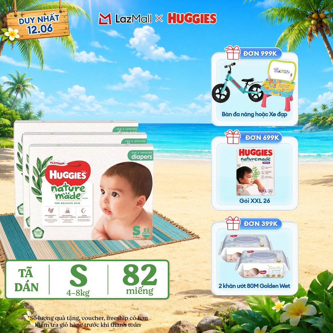 Combo 3 Tã/Bỉm dán sơ sinh Huggies Platinum NatureMade S82 (4-8kg)-Gói Super Jumbo 82 miếng