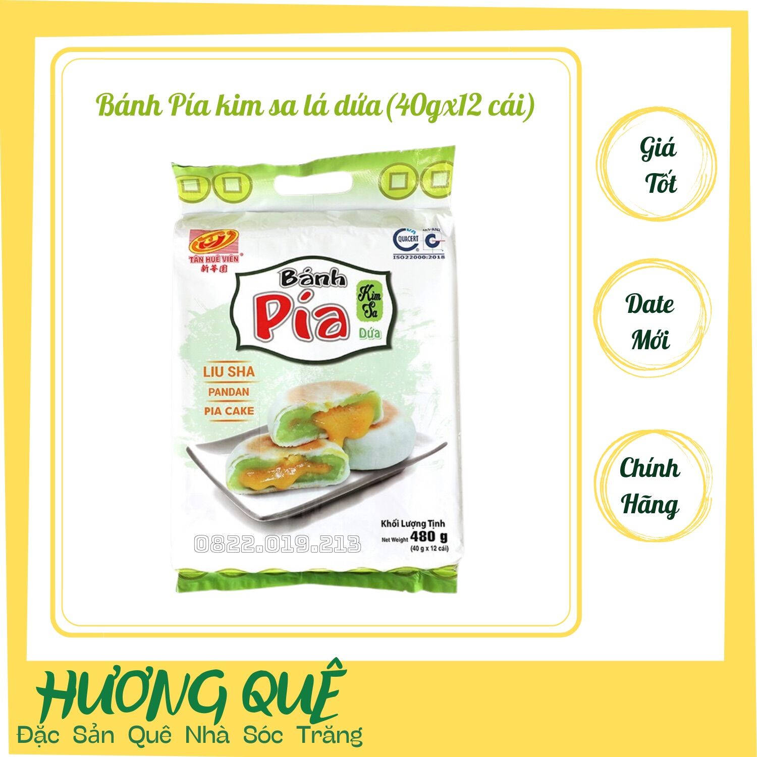Bánh pía kim sa lá dứa tân huê viên 12bánh/túi - bánh pía sóc trăng - bánh tết - hương quê