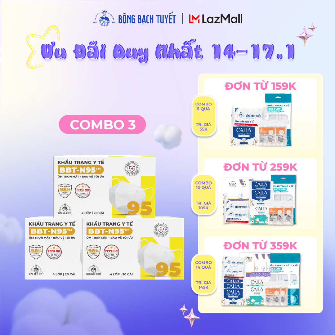 Combo 3 Hộp Khẩu Trang Bông Bạch Tuyết N95 - Trắng (20 cái/hộp)