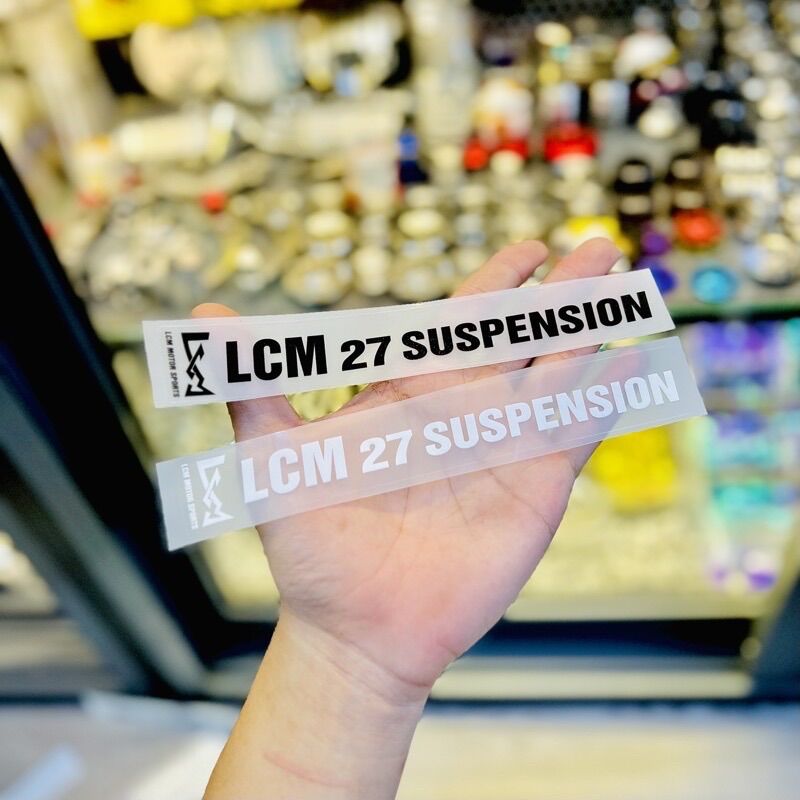 Tem lcm 27 suspension dán chân phuộc, loại nền trong chữ trắng, decal chống thấm nước