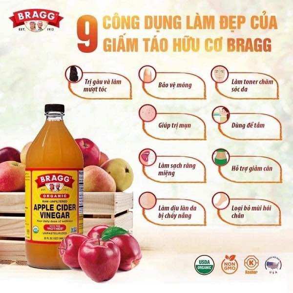 Chính hãng mỹ- giấm táo hữu cơ bragg raw apple cider vinegar organic