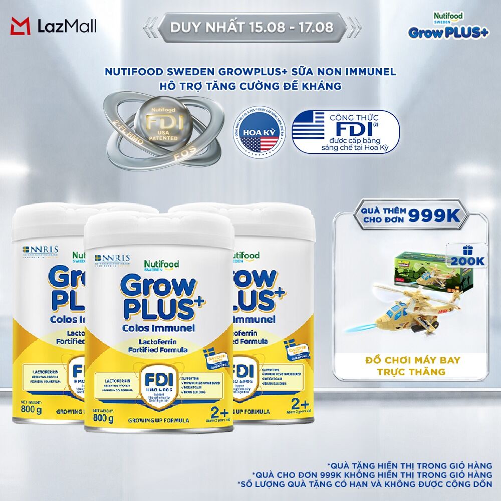 Combo 3 Sữa Bột Nutifood Sweden GrowPLUS+ Sữa Non Immunel trên 2 tuổi lon 800 g (Bao bì tuỳ lô hàng)