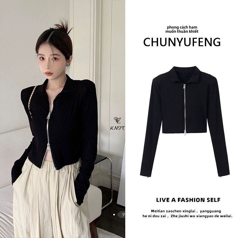 Áo Len Cardigan Dệt Kim Hai Khóa Kéo Màu Đen Cho Nữ Xuân Thu Dài Tay Ngắn Áo Lót Nữ Tính Vai Áo Dài 