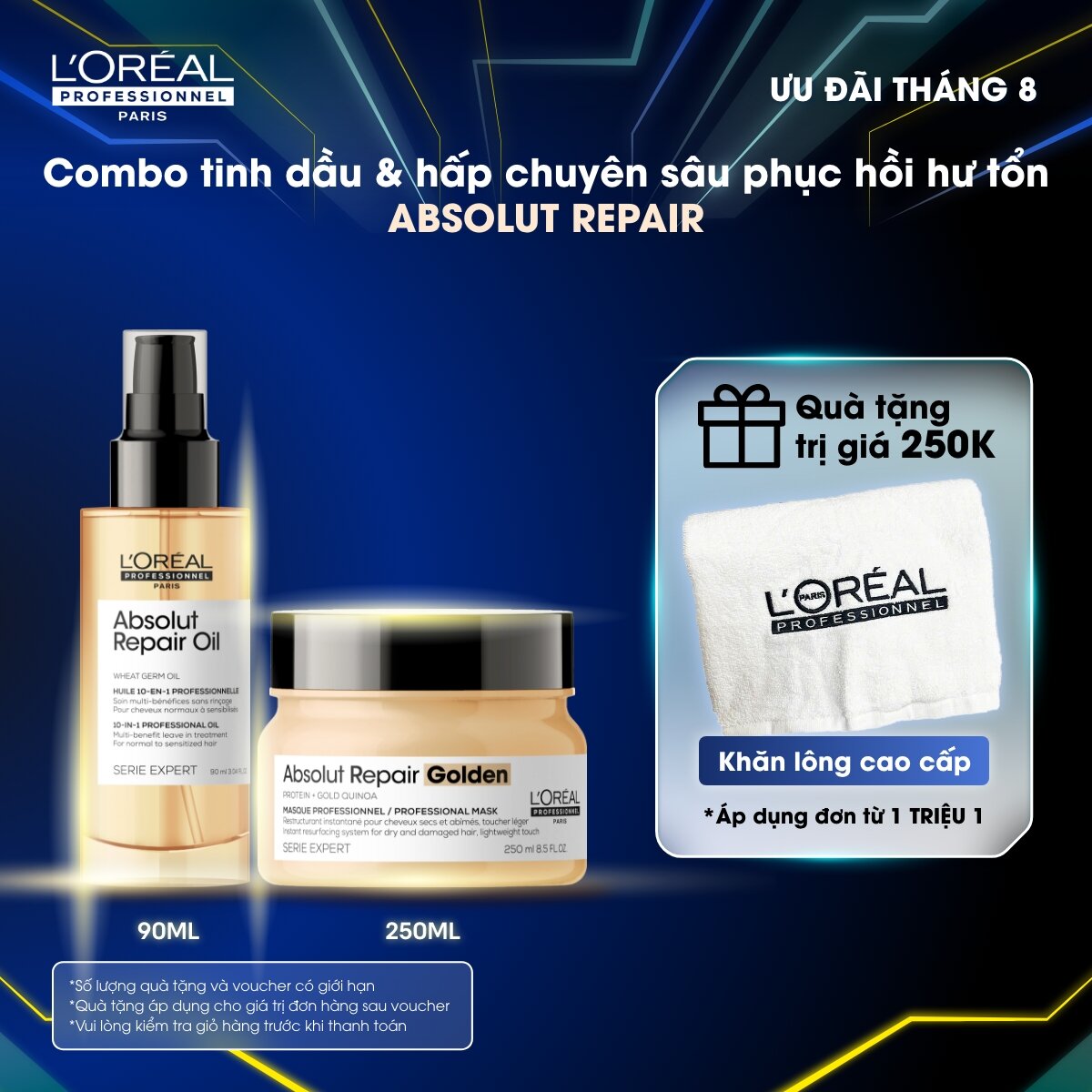 Combo Dầu hấp 250ml & Tinh dầu phục hồi hư tổn 10 trong 1 90ml dưỡng tóc mềm mượt & phục hồi hư tổn toàn diện L'Oréal Professionnel Serie Expert Absolut Repair - Dành cho tóc khô xơ, hư tổn