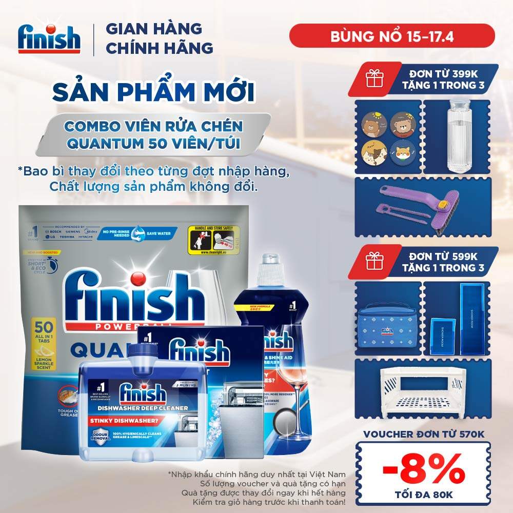 Combo Finish: Viên Rửa Chén Bát Finish Powerball Quantum 50 viên + Nước Làm Bóng 500ml + Muối Rửa Chén Bát 2kg + Dung dịch vệ sinh máy