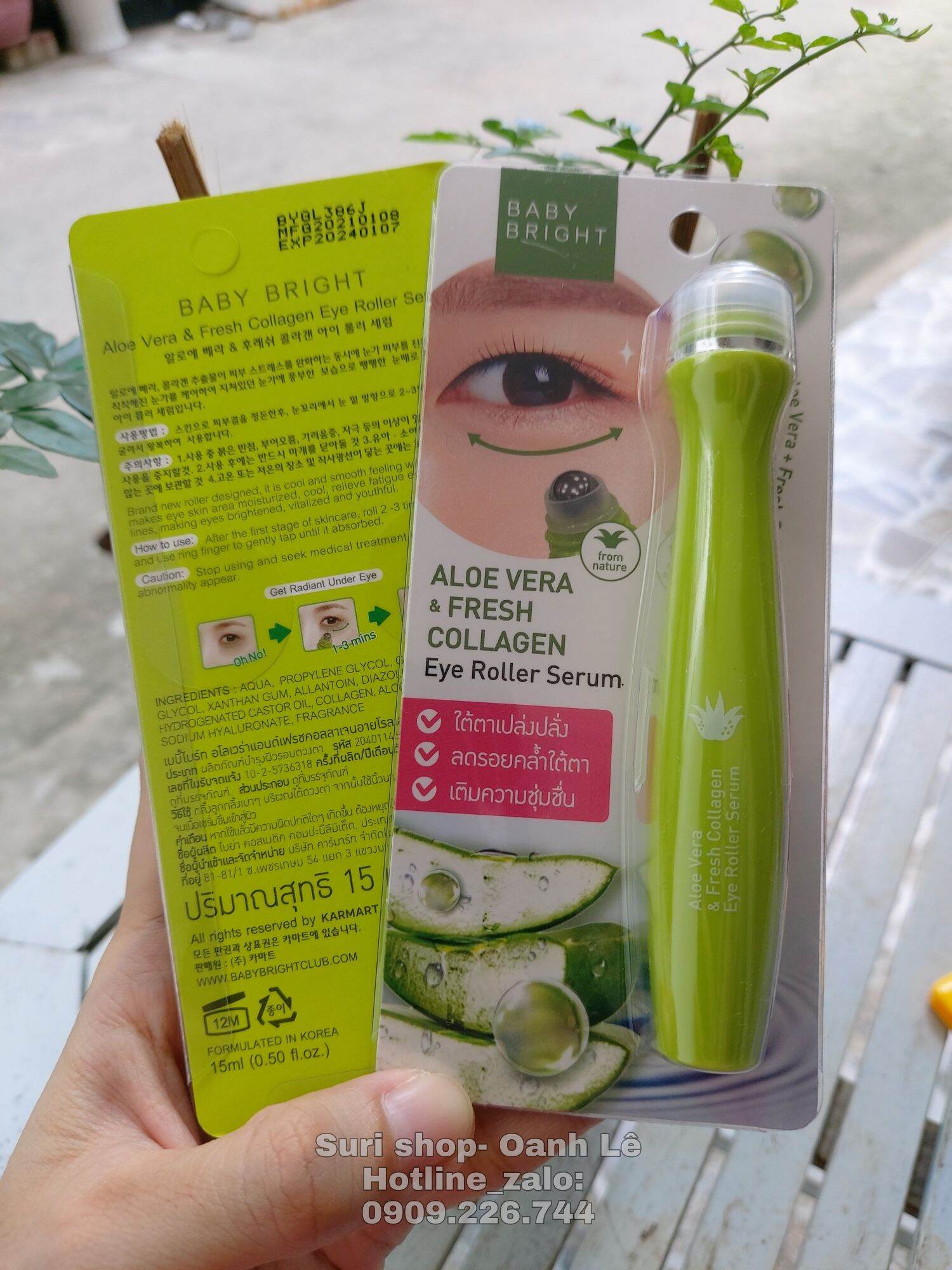 Cây lăn mắt giảm thâm quầng mắt Baby Bright Thái Lan chính hãng chiết xuất từ nha đam và tinh chất collagen