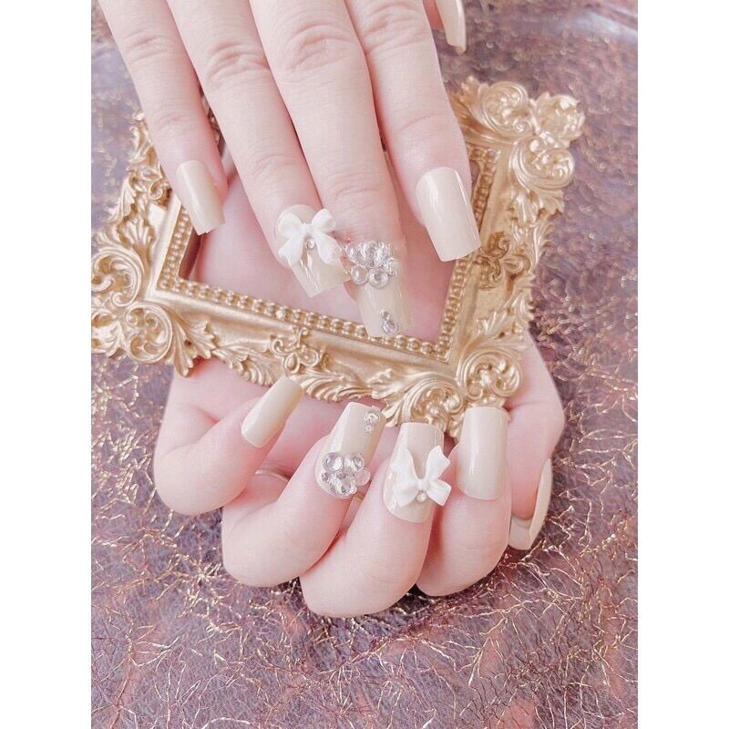 [Tặng keo + dũa] Bộ 24 móng tay giả đính đá nơ siêu xinh