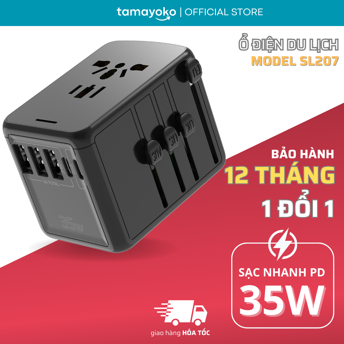 Ổ cắm điện Tamayoko sạc nhanh PD 35W Type C + USB cắm tải 2000W cho điện thoại/máy tính/ thiết bị gia dụng cỡ nhỏ