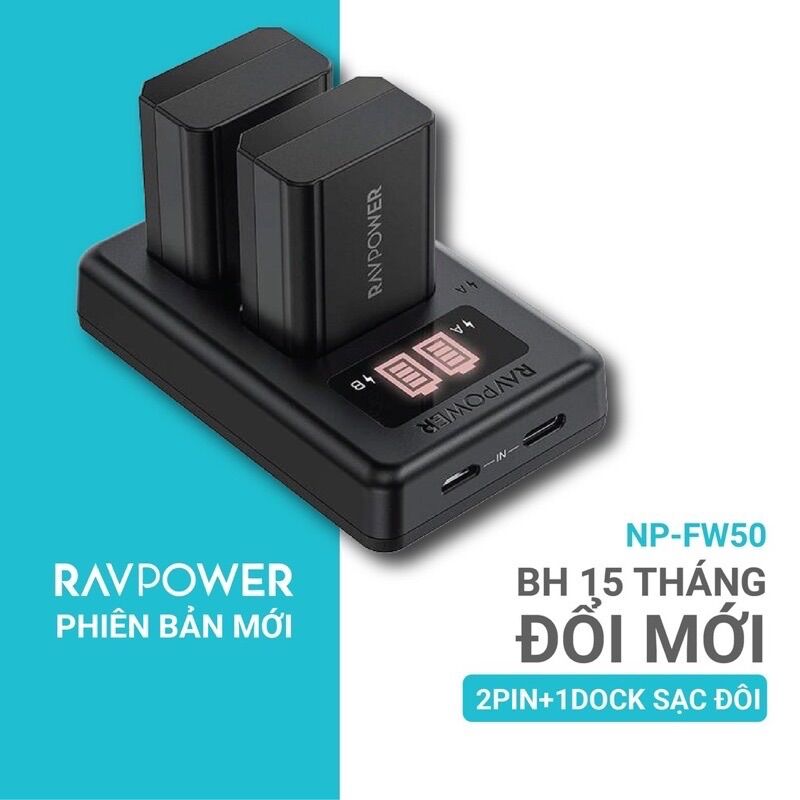 Bộ 2 pin và sạc sony fw50 hãng ravpower bc056 for sony a6000, 6300, 6400, 6500, a7, a7ii, a7rii, a7r, a7s, next...