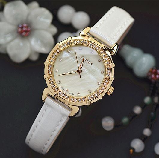 Julius Quartz Watch Womens Korean Style round Leather Strap 30m Water Resistant Vintage Alloy Case M