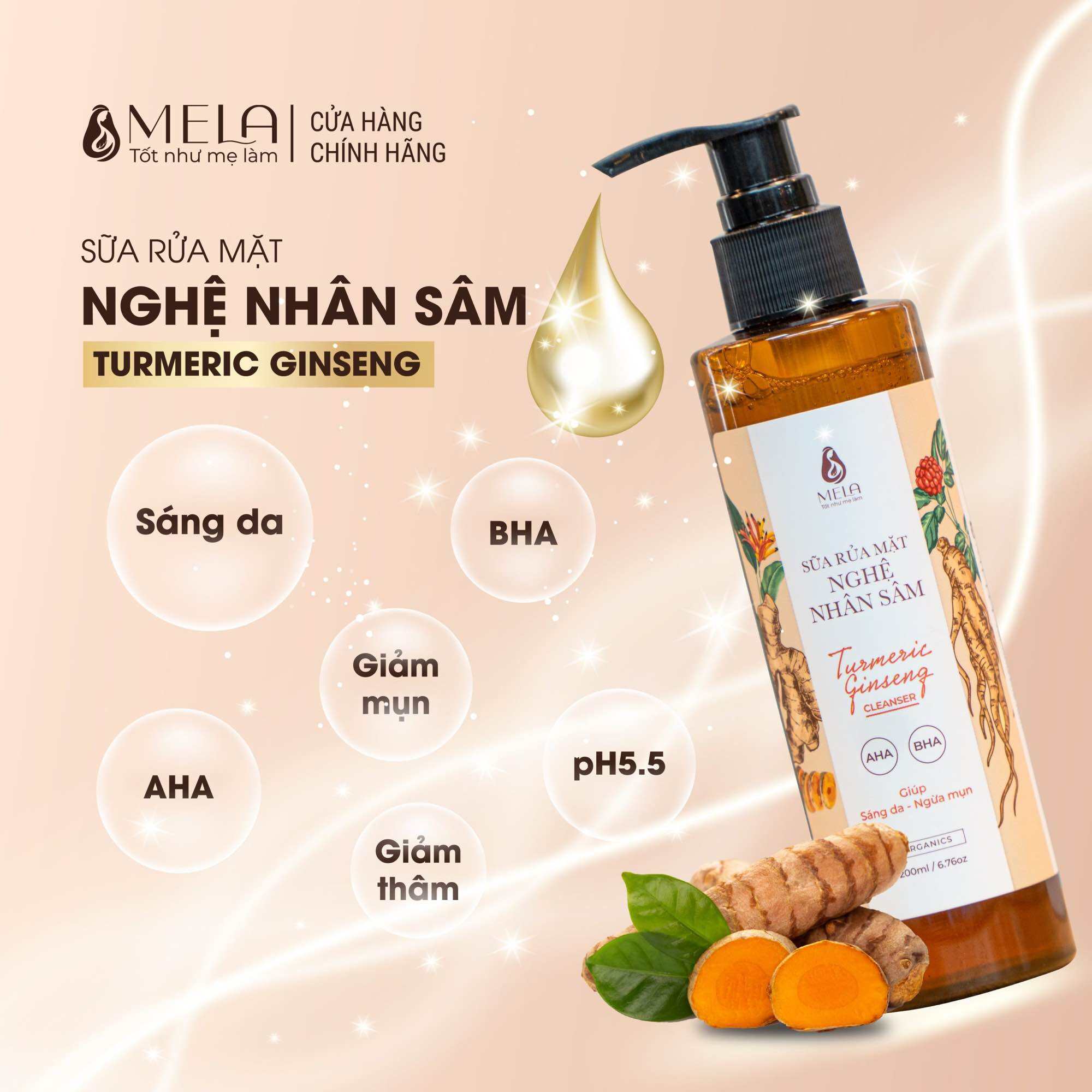 Sữa Rửa Mặt Nghệ Nhân Sâm MELA Cho Da Dầu Mụn Sáng Da Tẩy Tế Bào Chết 200ml