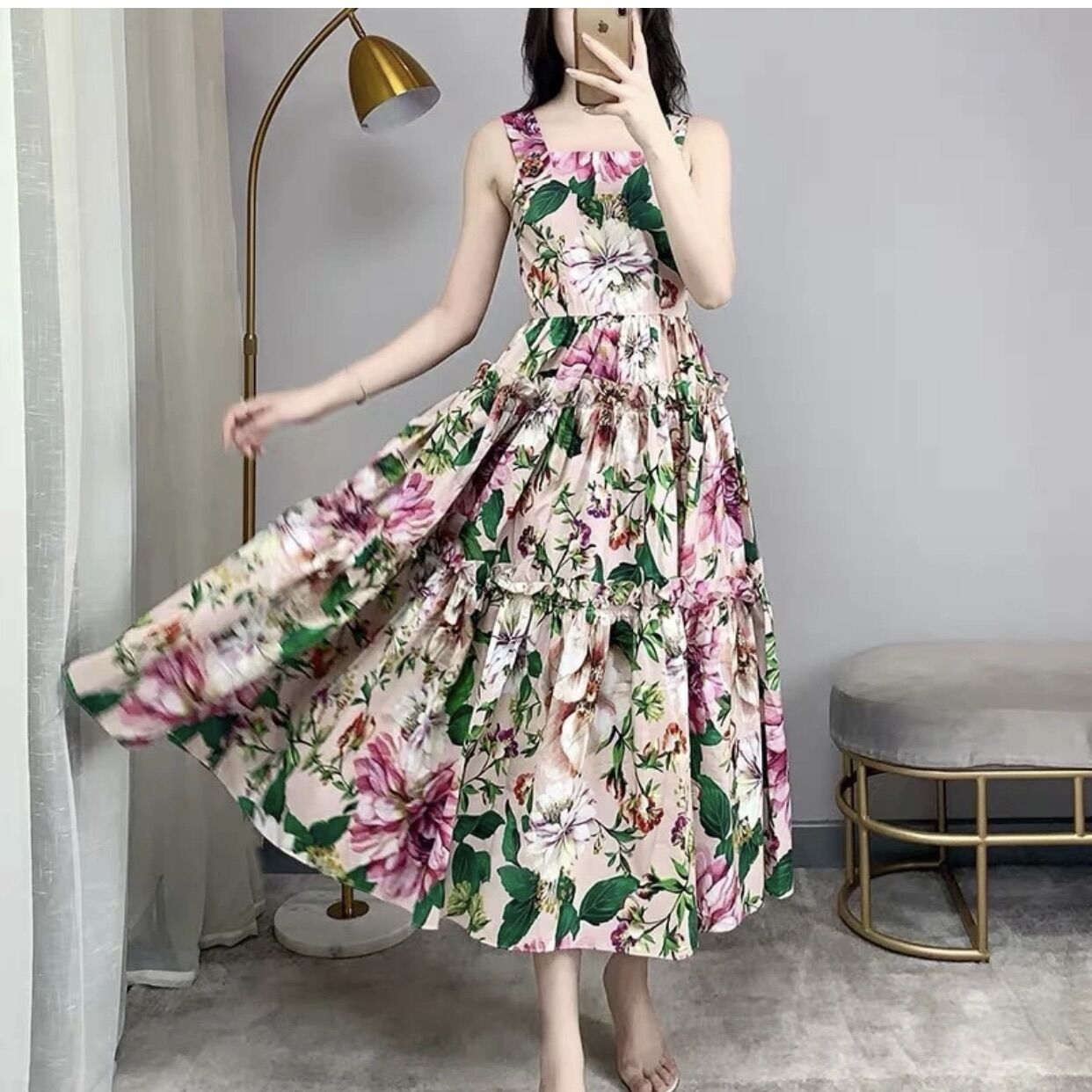 Lụa crep nhung trơn mịn thun hoa lớn may đầm váy
