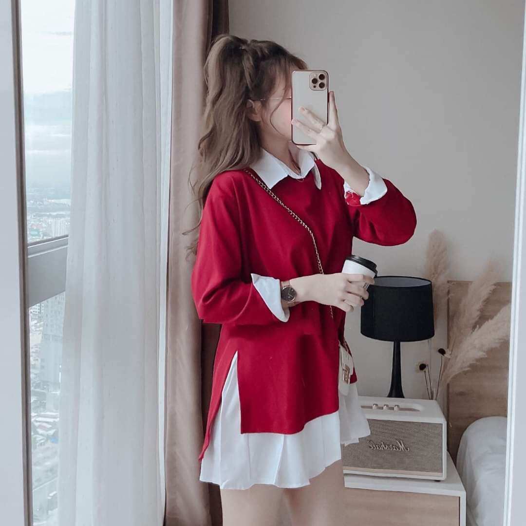 váy sơ mi trắng mix áo đỏ xinh hết nấc