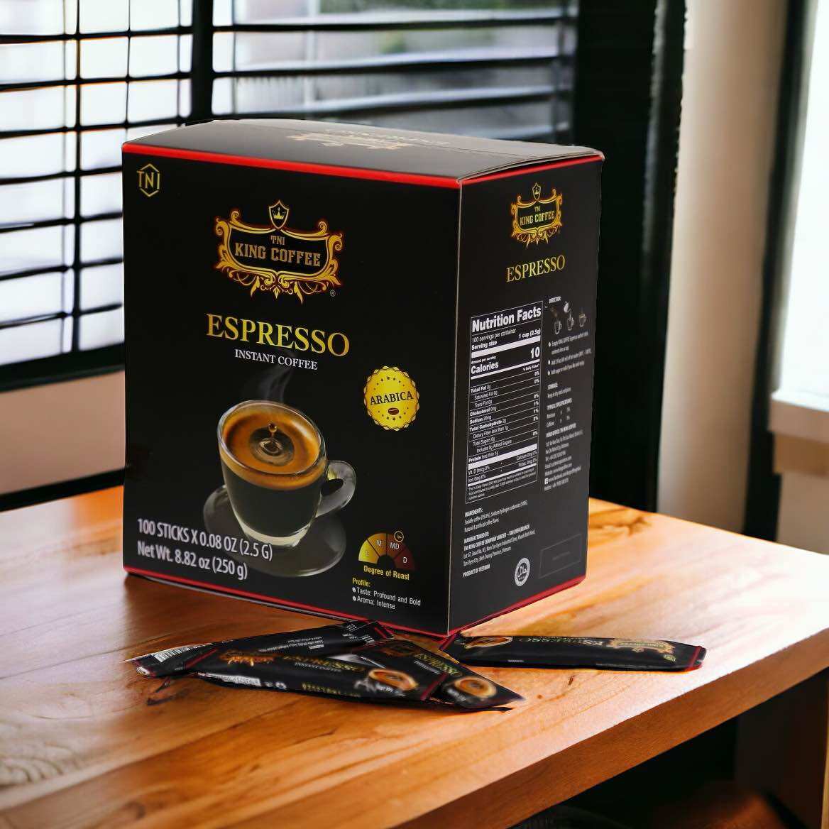 CAFE HOÀ TAN ĐEN ESPRESSO KING COFFEE HỘP 100 GÓI