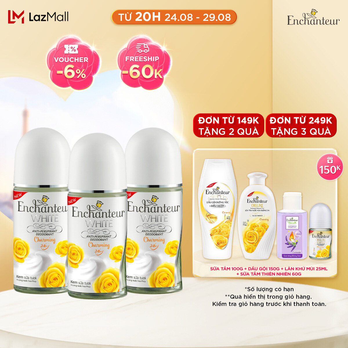 Combo 3 Lăn khử mùi trắng da Enchanteur Charming 50ml/ Chai