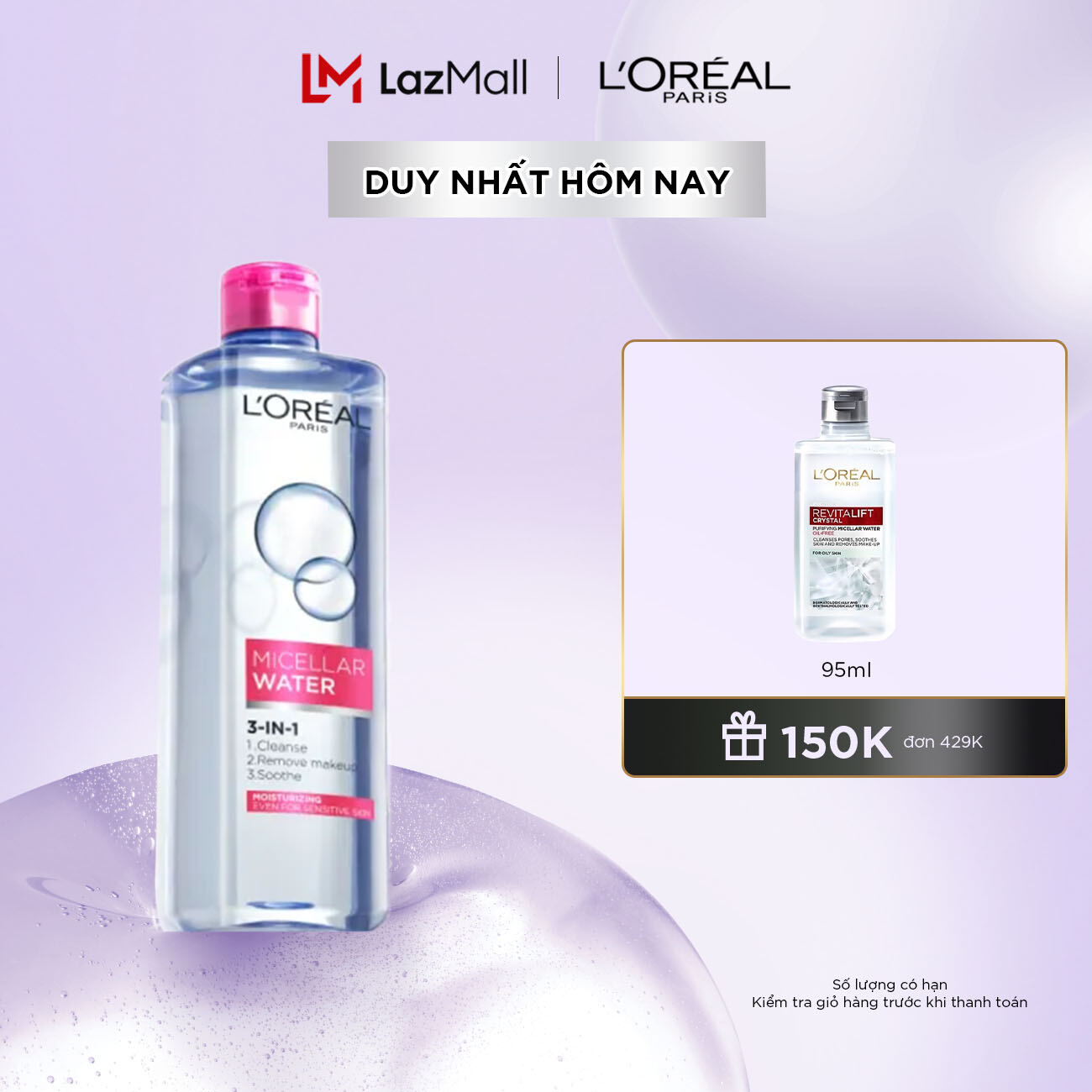 Nước tẩy trang dưỡng ẩm L'Oreal Paris Micellar Water 400ml (màu hồng)