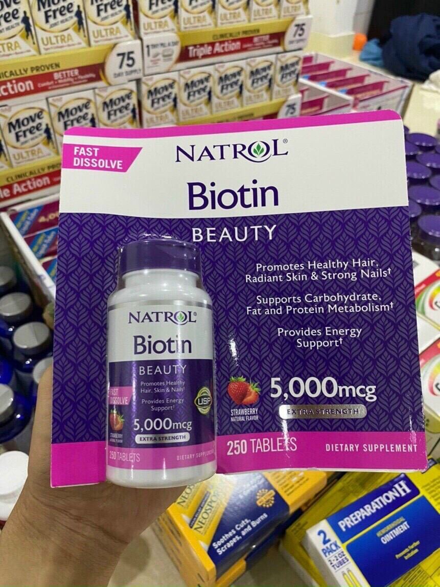Viên ngậm hương dâu Natrol Biotin Beauty 5000mcg 250 viên giảm rụng tóc, cho làn da đẹp thumbnail