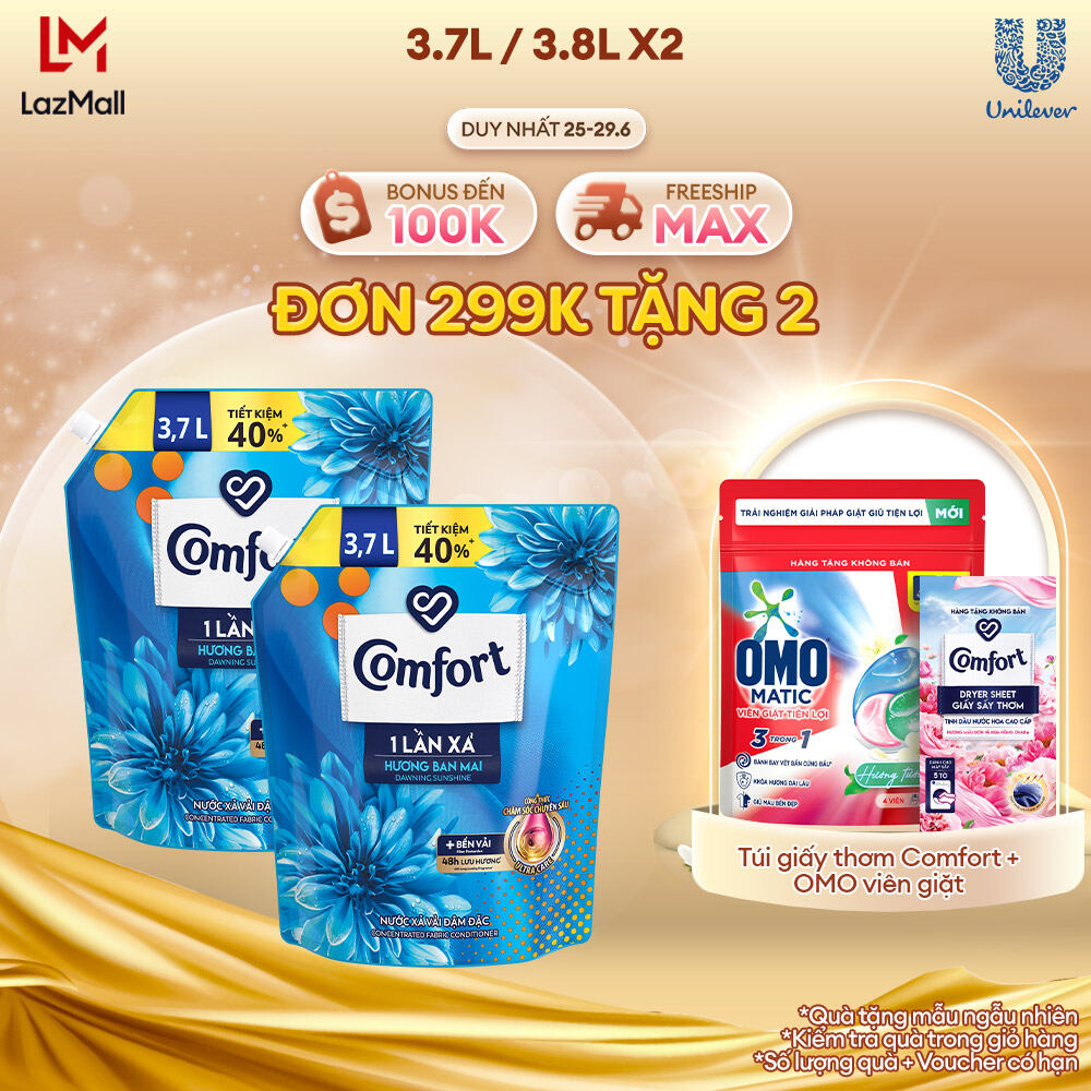 Combo 2 Túi Nước Xả Vải Comfort Đậm Đặc Một Lần Xả Hương Ban Mai 3.8L
