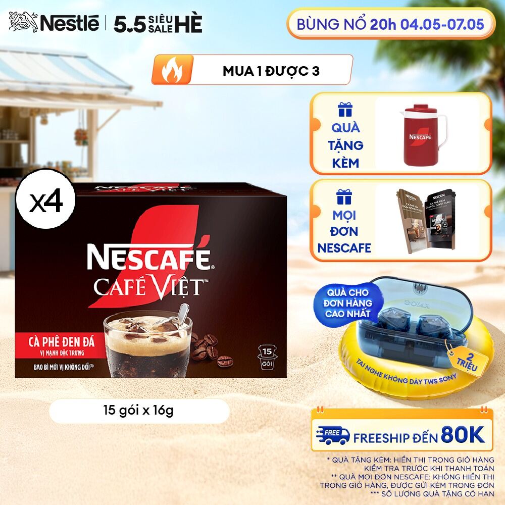 [ƯU ĐÃI THÁNG 4] [FREESHIP HCM] Combo 4 hộp Cà phê đen hòa tan NESCAFÉ CAFÉ VIỆT (16g x 15 gói)