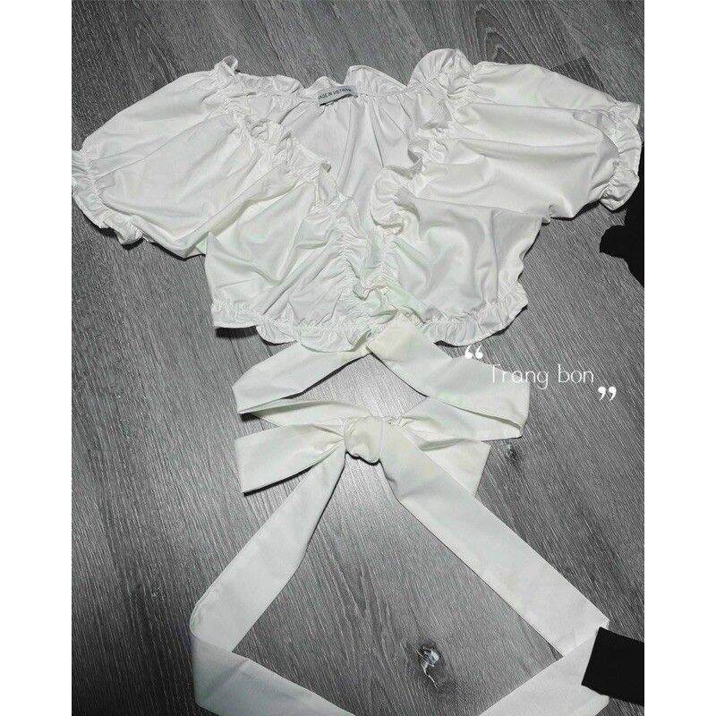 [HCM]Áo kiểu nữ form croptop chất kate lụa nhún dây cột eo
