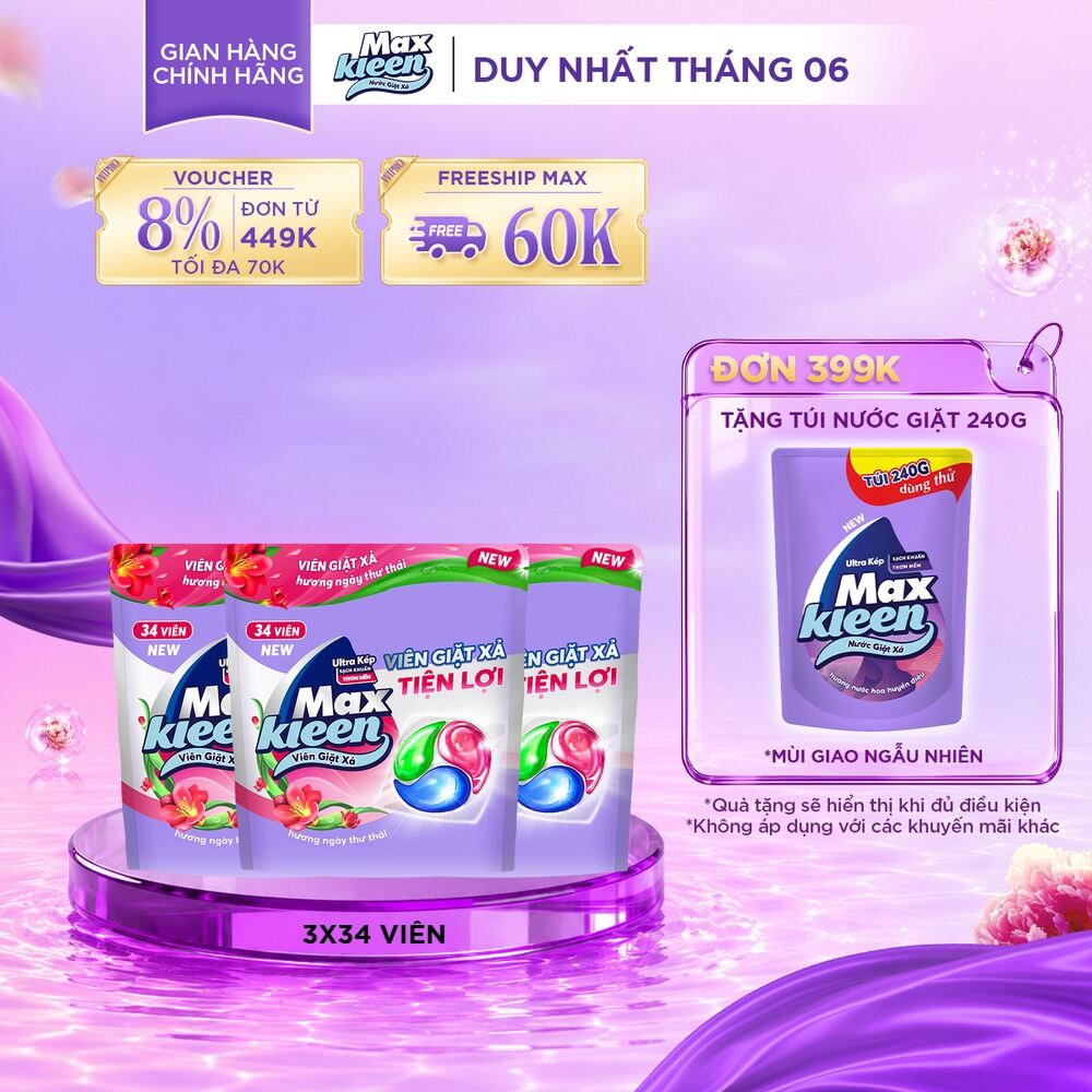 Combo 3 Túi viên giặt xả MaxKleen hương ngày thư thái (34 viên/túi)