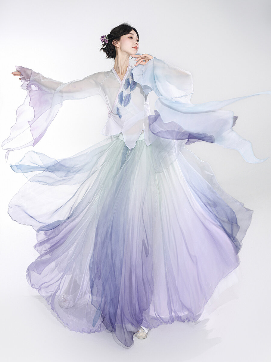 Đầm Múa Phong Cách Hanfu Thắt Eo Hoa Peony Thêu Màu Xanh Chàm