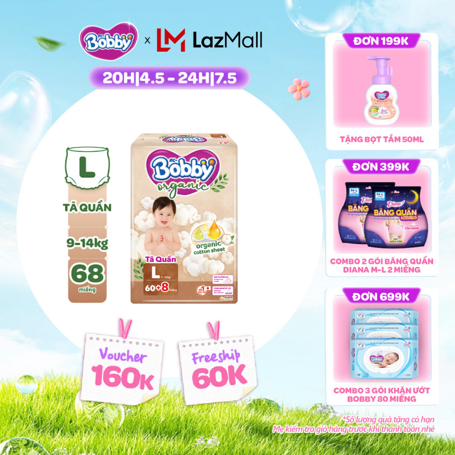 [CHỈ 20h 04-07.05 QT Đơn 899K/1199K][MỚI RA MẮT] [TẶNG KÈM 8 MIẾNG] Tã quần cao cấp Bobby Organic chăm sóc dịu nhẹ từ thiên nhiên L60