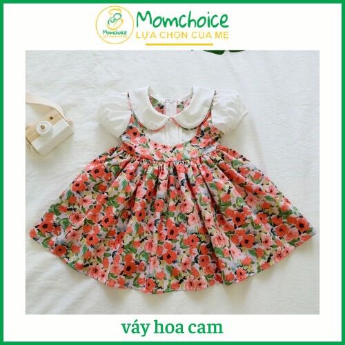 Váy Trẻ Em [MOMCHOICE] Váy Hoa Cam Cho Bé Gái. Đầm Trẻ Em Từ 5-28kg. Chất Lụa Hàng Châu Phối Vải Thô Mặt Hoa Cao Cấp.