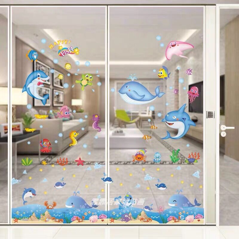 Combo 2 tấm decal dán tường cá heo đại dương