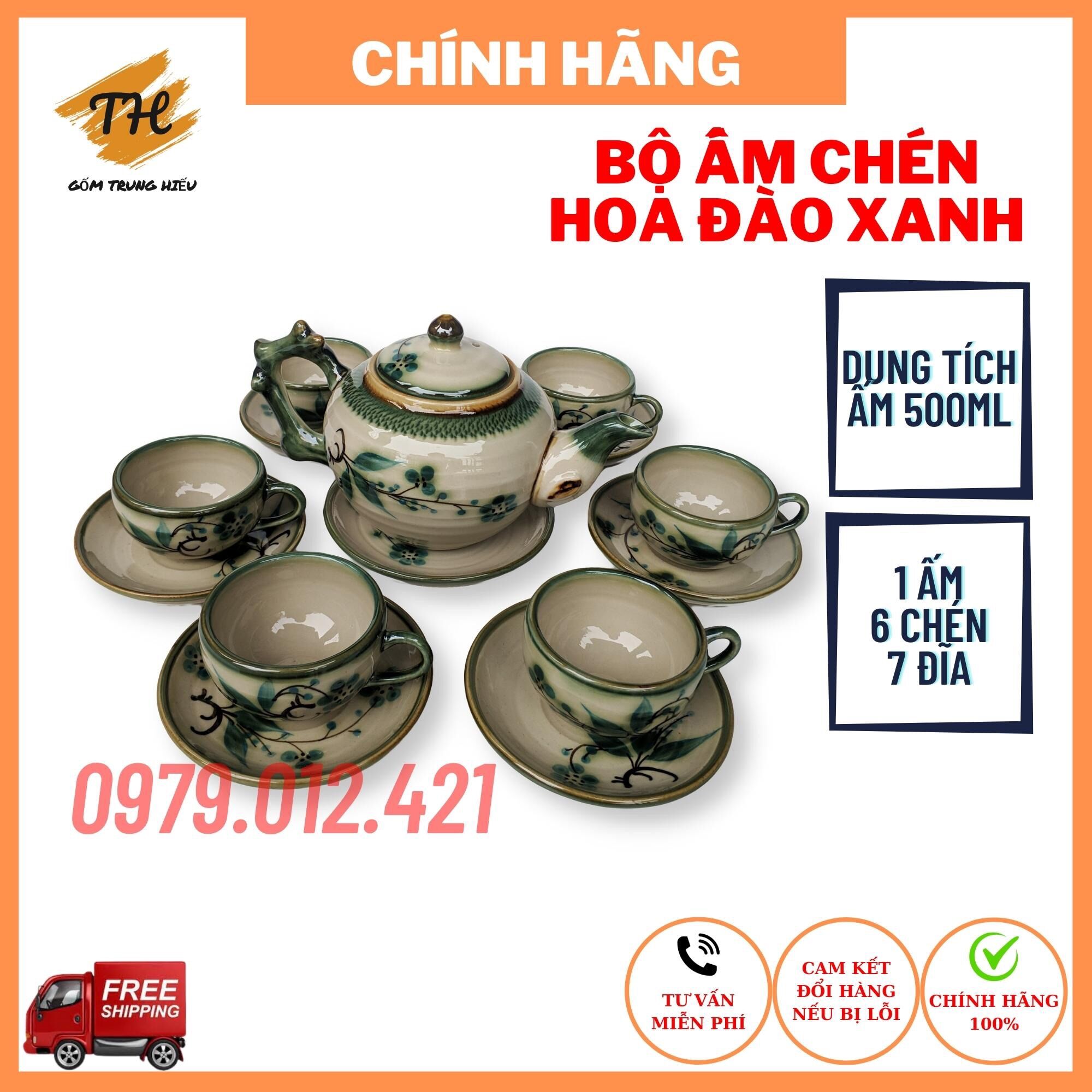 Bộ ấm chén Bát Tràng men bóng vẽ hoa Đào xanh