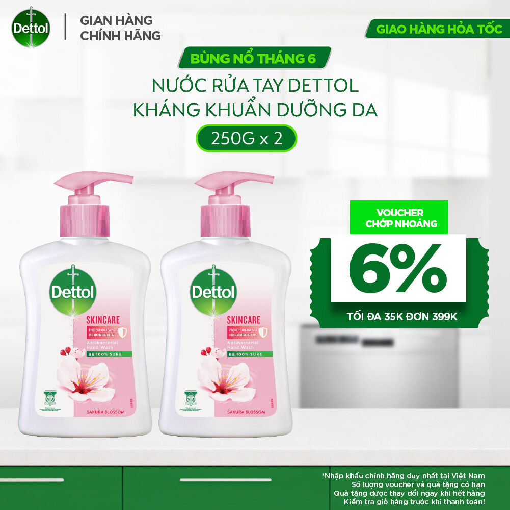 Combo 2 nước rửa tay Dettol kháng khuẩn dưỡng da, hương hoa anh đào - Chai 250g